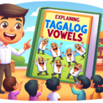 Image of a teacher with a book explaning tagalog vowels.
