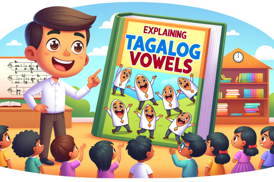 Image of a teacher with a book explaning tagalog vowels.