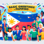 Filipino people in front of Philippine flag with the words "Basic Greeting in Filipino"