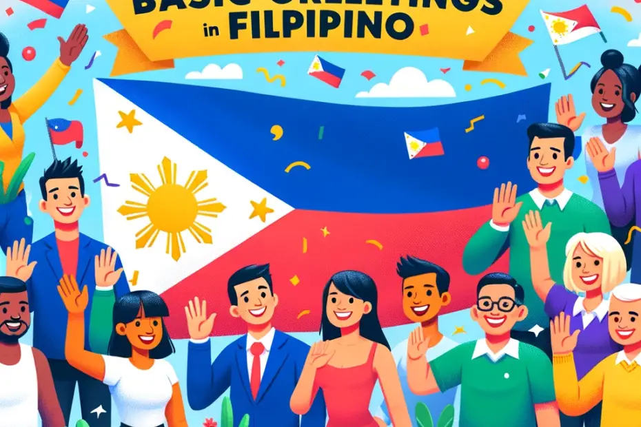 Filipino people in front of Philippine flag with the words "Basic Greeting in Filipino"