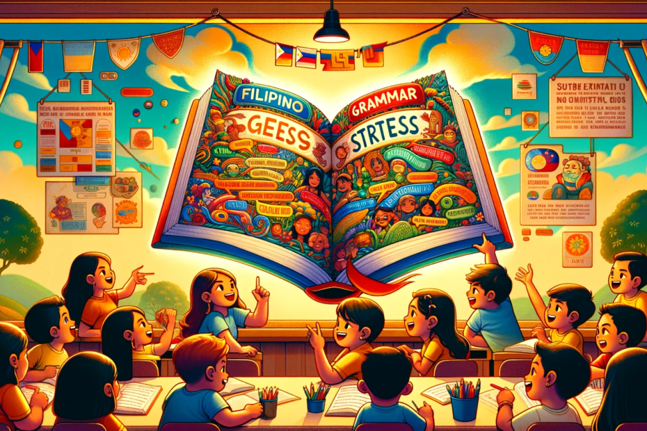 Here is the illustration capturing the essence of 'Diin (Stress) in Filipino Grammar'. It features a vibrant classroom setting with young Filipino students engaged in learning about this aspect of their language. The illustration includes symbolic elements and a warm color palette to resonate with the target audience of young students.