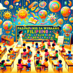 illustration that captures the essence of 'Pagpapantig sa Wikang Filipino'. This vibrant and engaging artwork features a classroom setting with young Filipino students actively involved in learning activities.