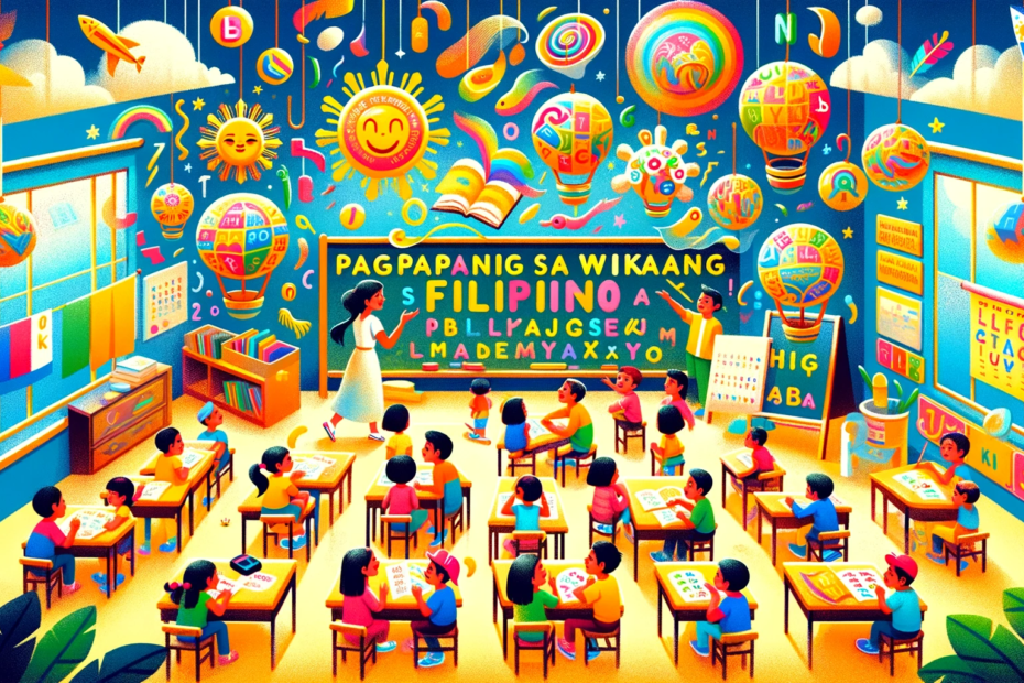 illustration that captures the essence of 'Pagpapantig sa Wikang Filipino'. This vibrant and engaging artwork features a classroom setting with young Filipino students actively involved in learning activities.