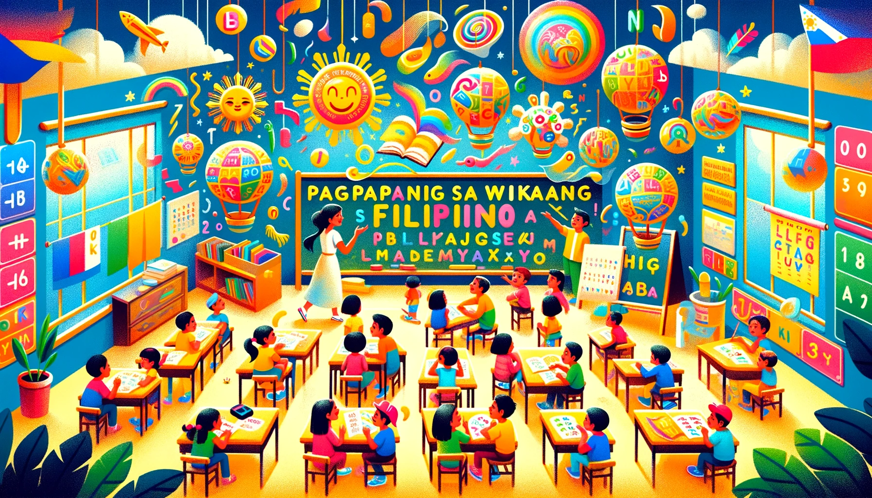 illustration that captures the essence of 'Pagpapantig sa Wikang Filipino'. This vibrant and engaging artwork features a classroom setting with young Filipino students actively involved in learning activities.